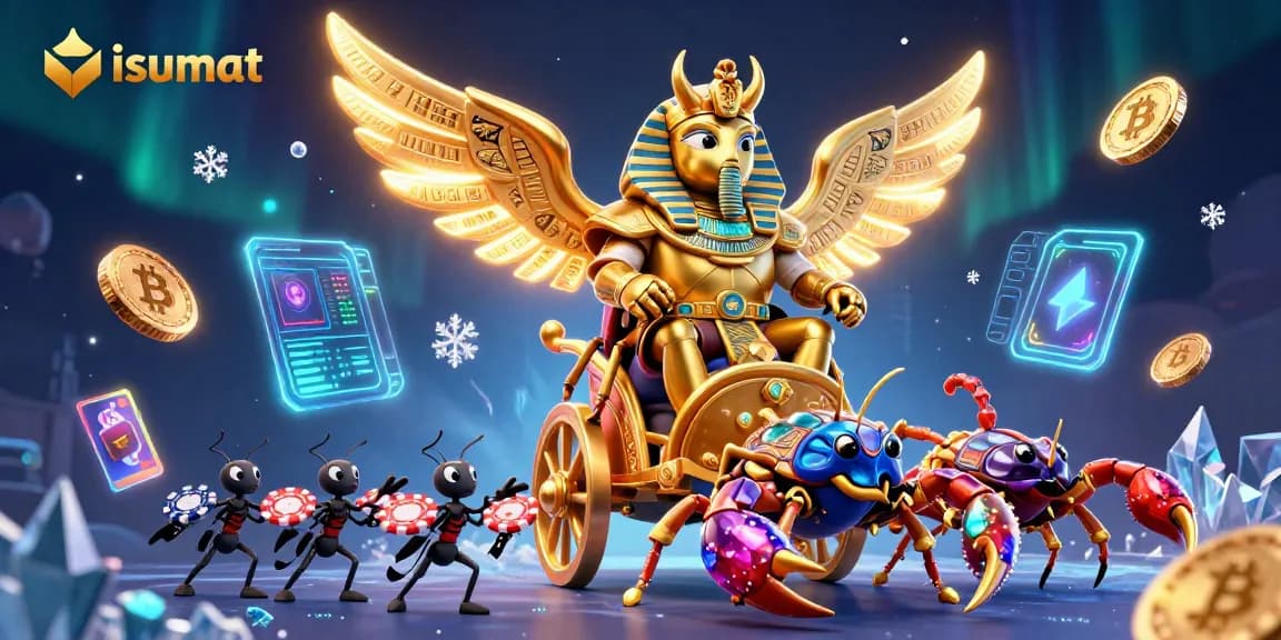 Play exciting games at isumat with a dazzling illustration featuring a golden scarab beetle and crypto elements.