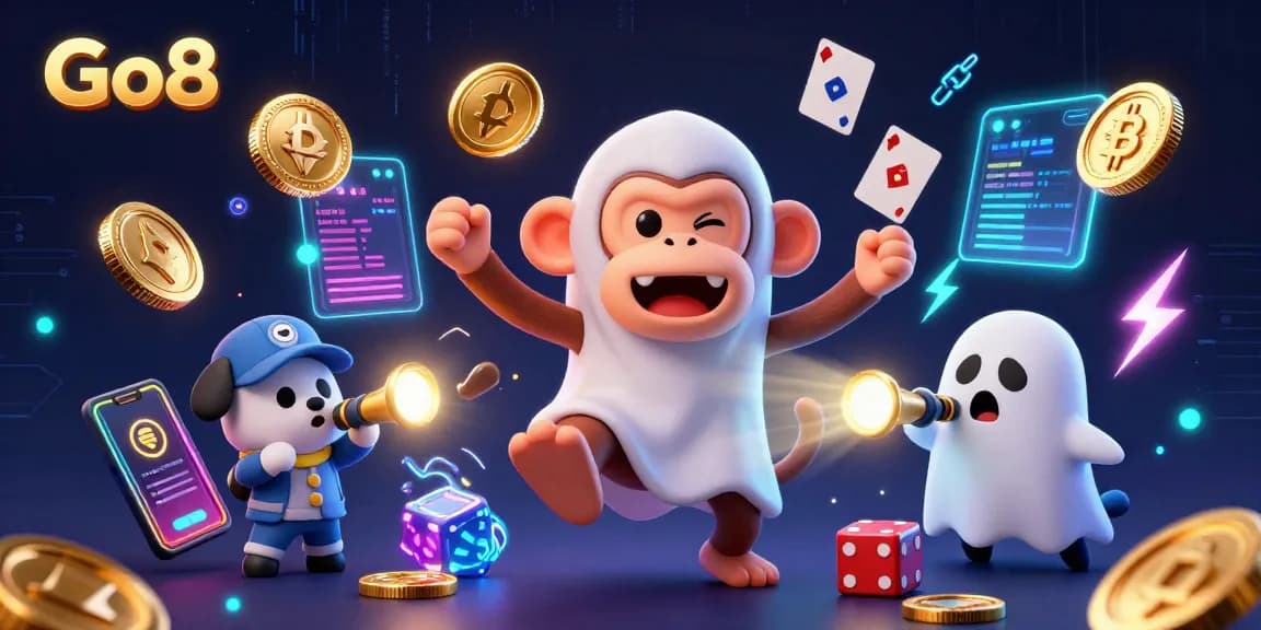 Go8 offers thrilling gambling moments with a mischievous monkey and curious puppy in a haunted casino setting.