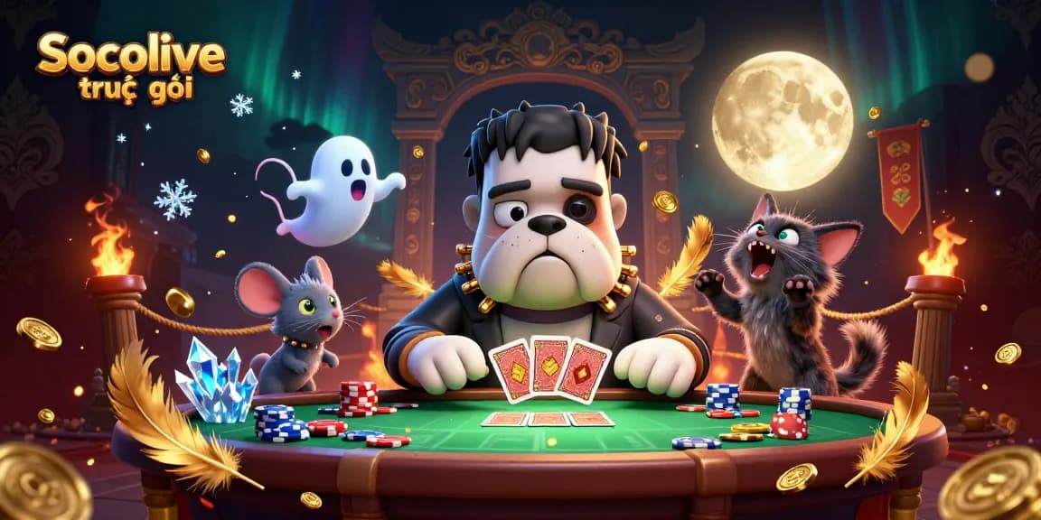 Socolive trực tiếp engages viewers with a vibrant casino scene featuring a Frankenstein bulldog and a ghostly mouse.