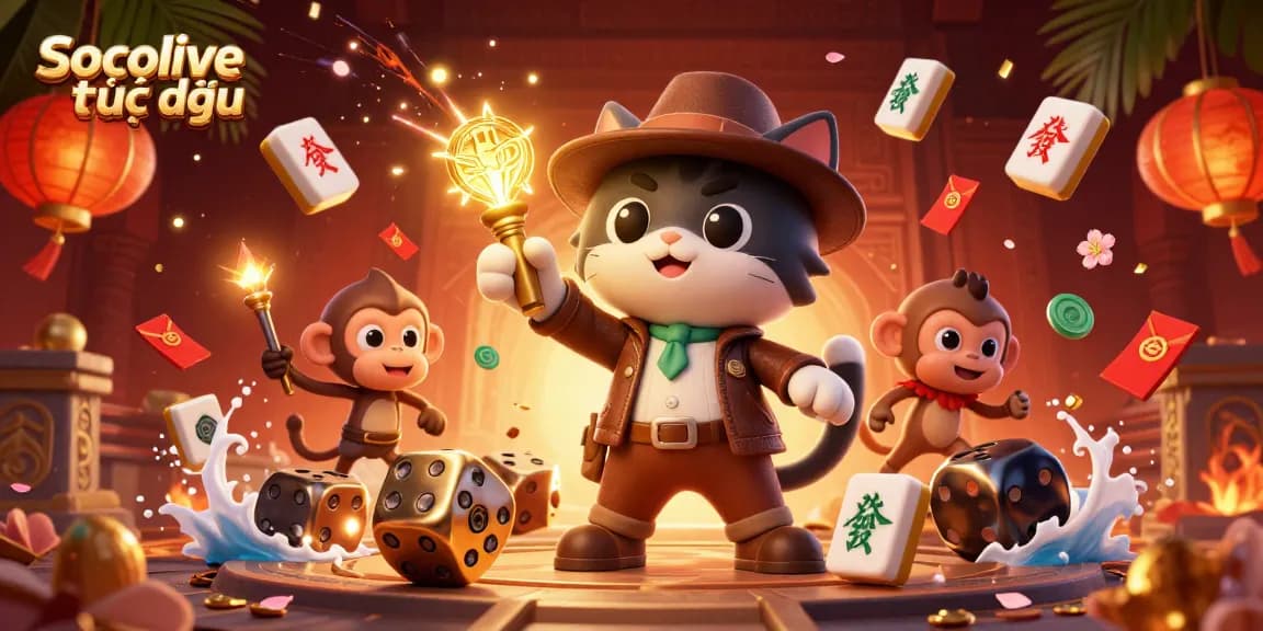 Socolive trực tiếp offers thrilling moments as a cat explorer discovers golden casino treasures amidst vibrant gambling elements.