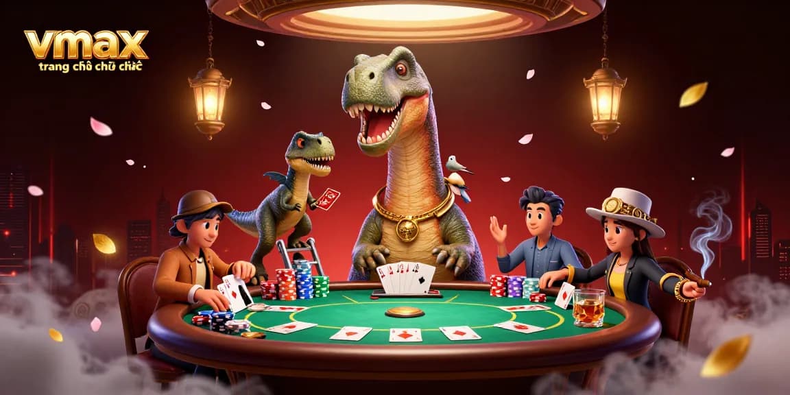 Engage in thrilling casino action at vmax trang chủ chính thức with giant characters in a vibrant scene featuring bustling poker tables.