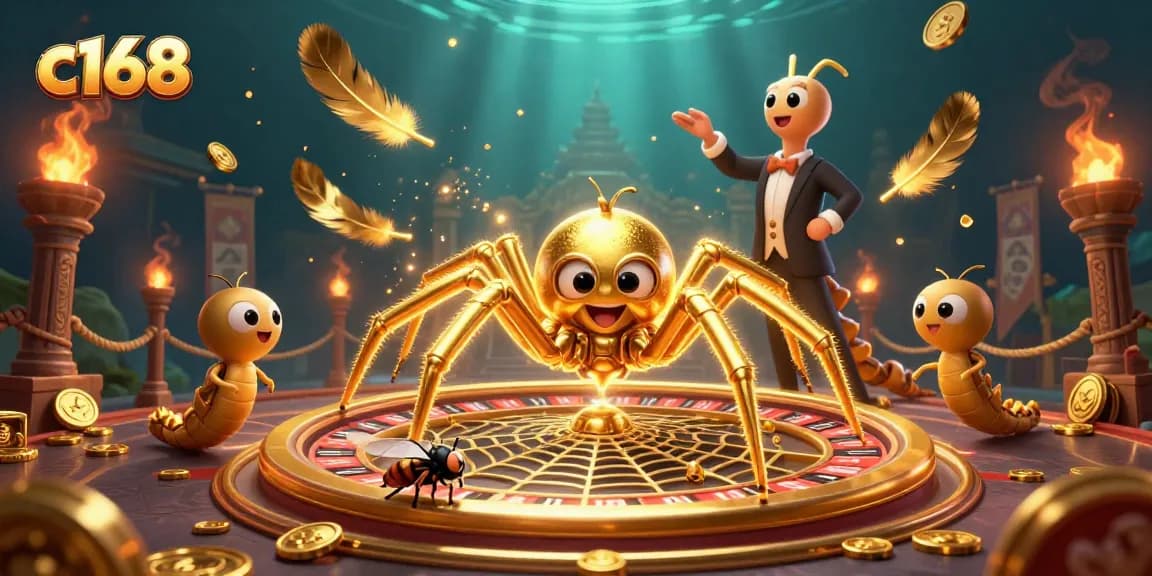 Engage in thrilling casino games at c168 with a vibrant roulette wheel and animated characters.
