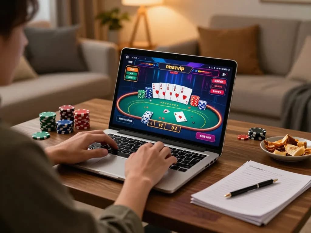 An engaged player participates in nhatvip's online poker game from home, with chips and strategic notes visible.
