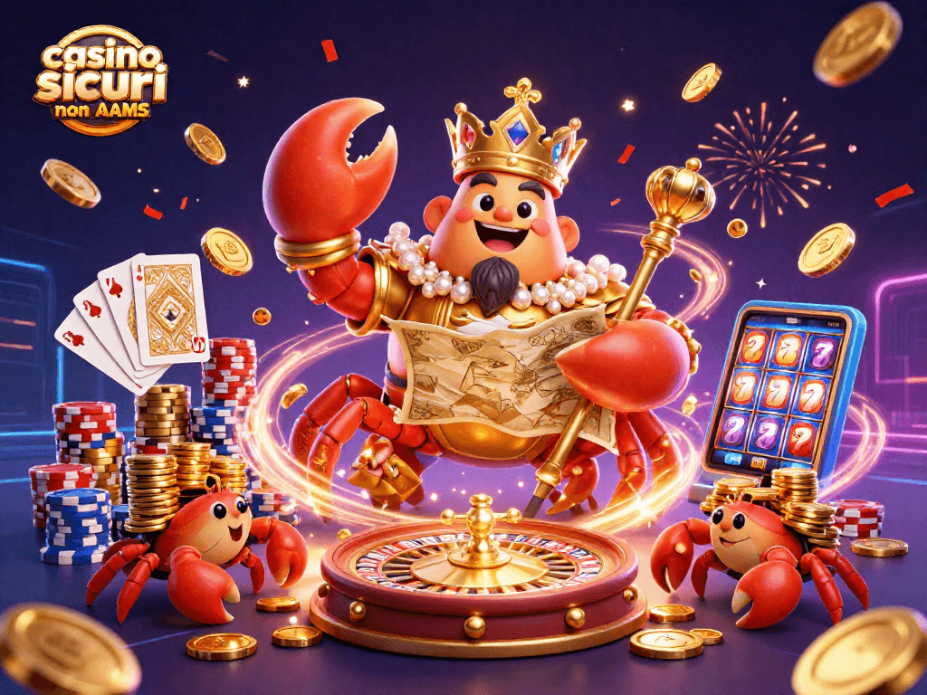 Giocare ai casino sicuri non AAMS con il granchio imperatore e pile di fiches dorate.