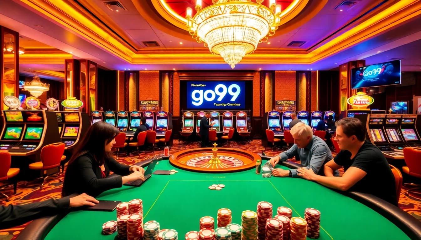 Players enjoying a thrilling turn of go99 at an elegant casino table with vibrant décor.