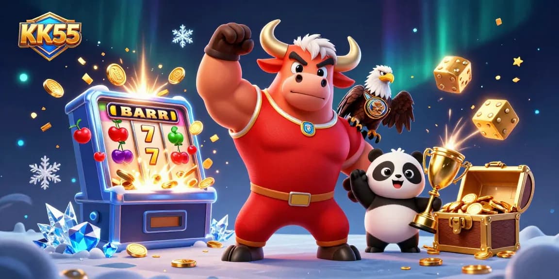 KK55 showcases an exciting jackpot explosion with vibrant characters celebrating luck and winnings in a casino scene.