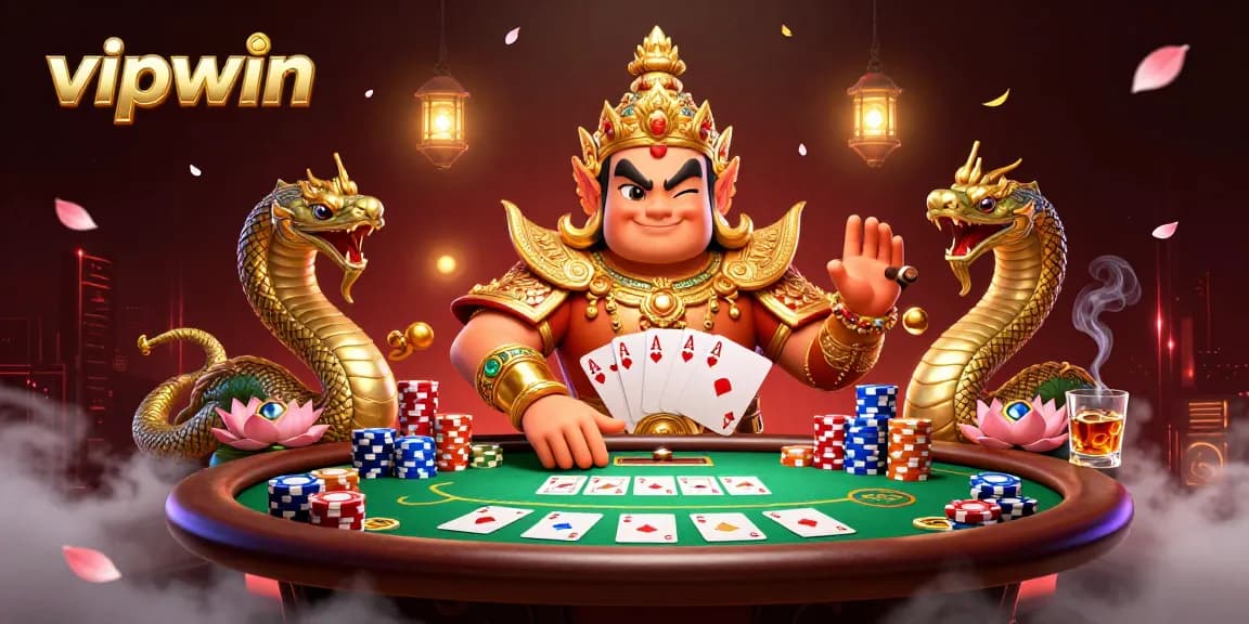 A friendly yaksha guardian welcomes players to vipwin, surrounded by poker chips and cards in a vibrant casino scene.