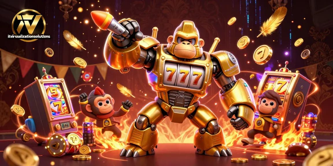 Engaging scene showcasing itvirtualizationsolutions with a golden gorilla mech in a vibrant casino atmosphere.