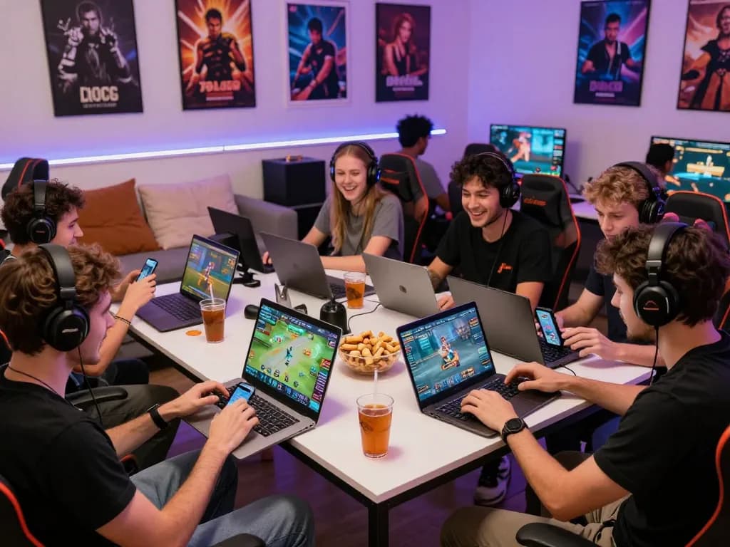 Friends enjoying a gaming session on 789club, showcasing a lively atmosphere with snacks and devices.