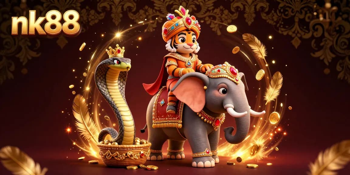 Experience thrilling gameplay at nk88, surrounded by vibrant casino elements, majestic characters, and excitement!