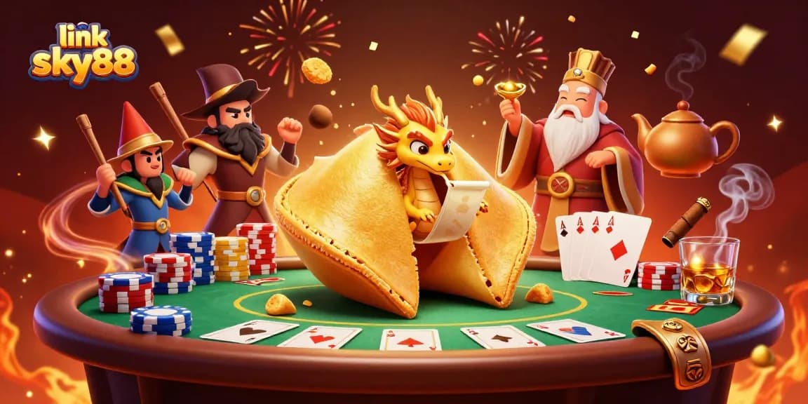 Win big with link sky88 at an exciting poker table surrounded by magical casino characters.