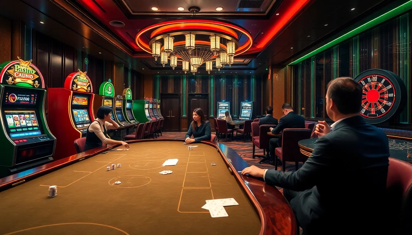 Engage with the excitement of Nhà cái RR99 as players enjoy a luxurious casino atmosphere filled with poker tables and vibrant slot machines.
