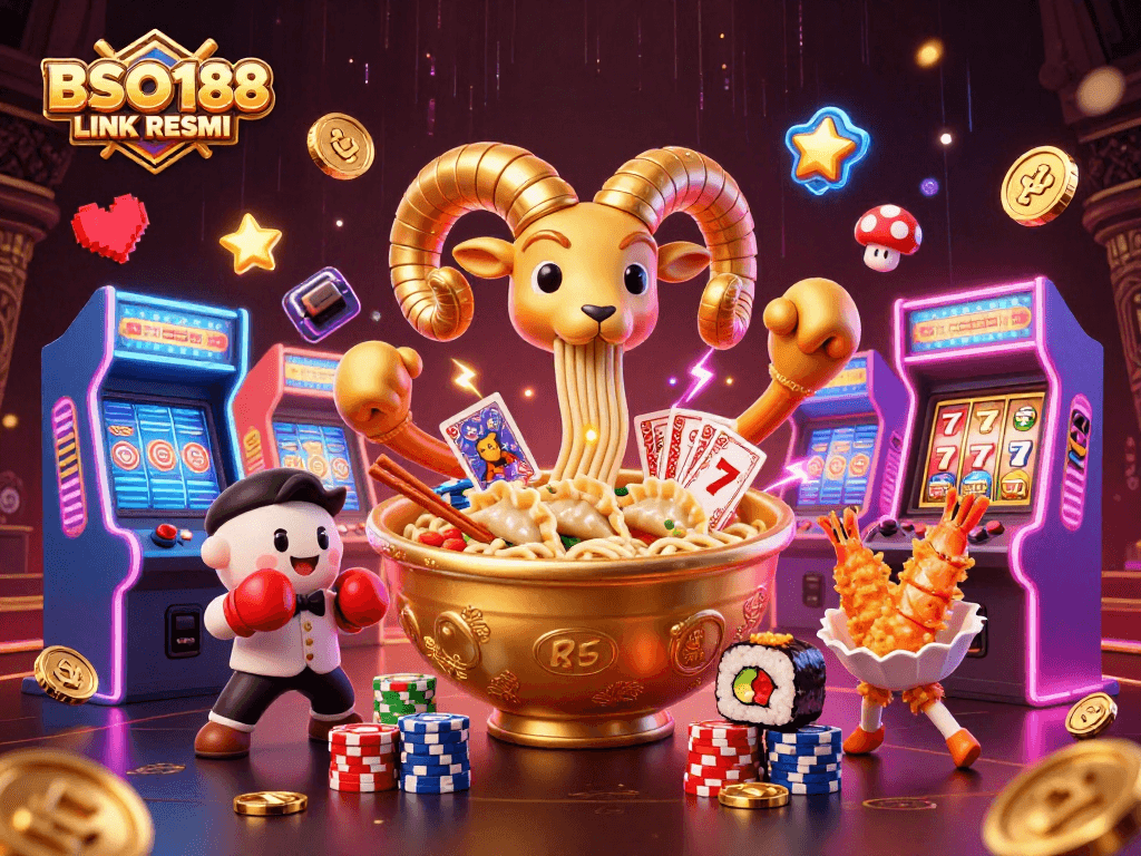 Engage with BSO188 LINK RESMI in this vibrant digital casino scene featuring playful characters.