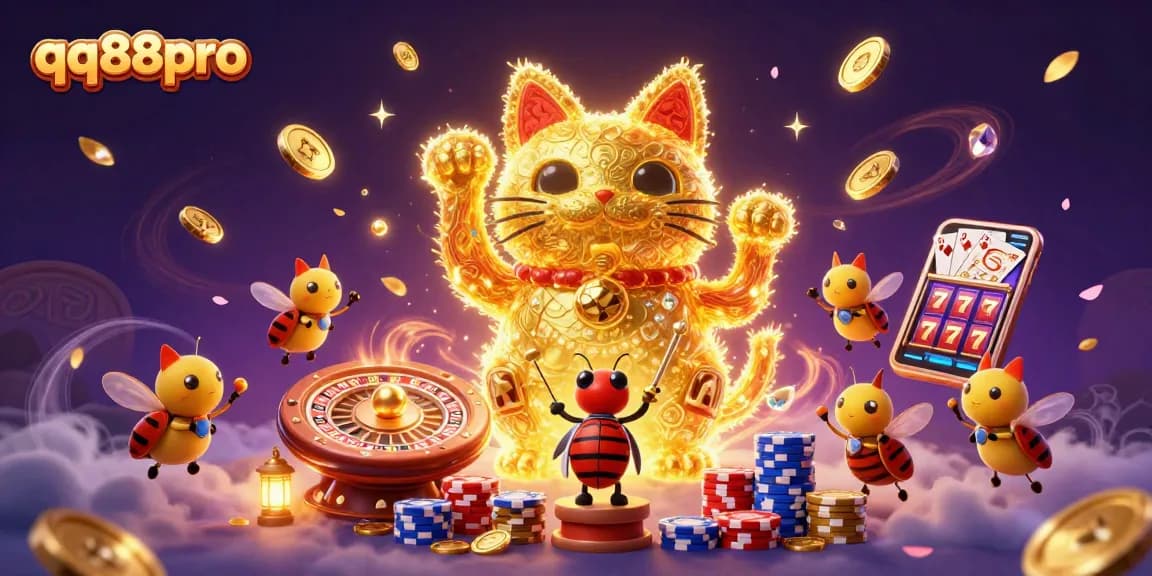 Experience excitement at qq88pro with a dynamic lucky cat and card symbols in a vibrant casino scene.