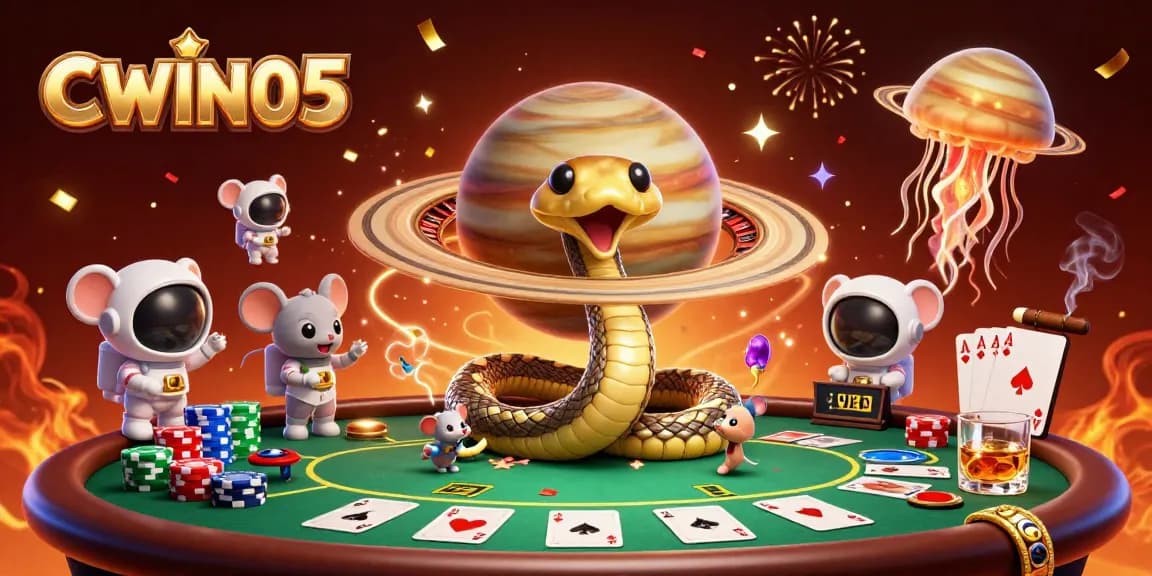 CWIN05 offers thrilling betting action aboard a cosmic casino scene with cartoon characters.