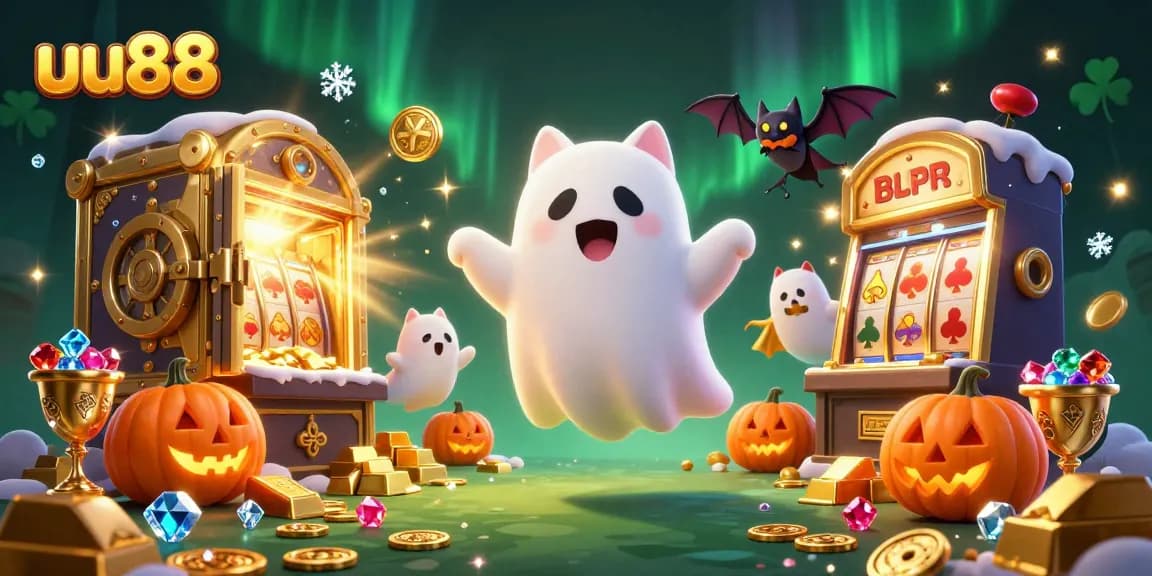 uu88 engages players with a friendly ghost cat in a vibrant casino scene full of treasure and excitement.