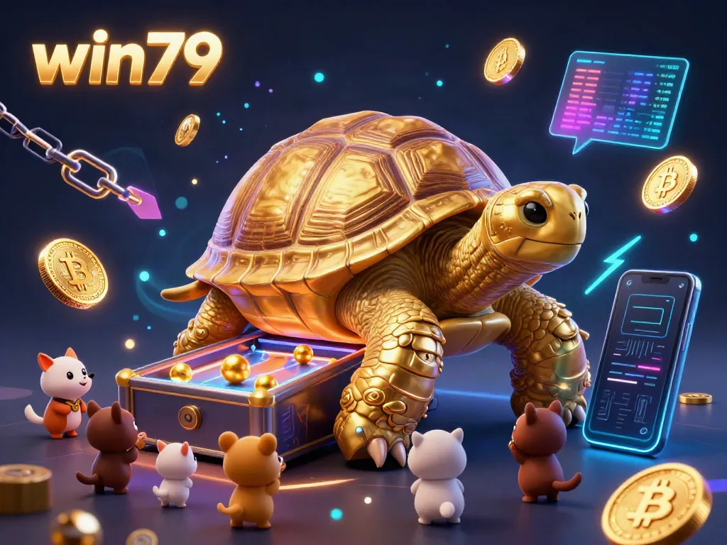 Spin the win79 pinball machine with a golden tortoise amidst crypto coins and vibrant excitement.