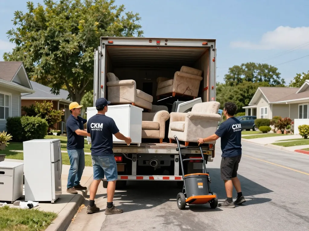 Reliable junk removal services by CKM Experts team lifting furniture and appliances outdoors.