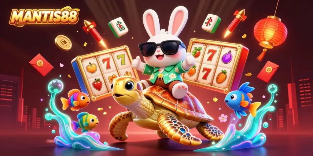 MANTIS88 offers a vibrant casino experience with a lucky rabbit and golden turtle surrounded by slot machine elements.