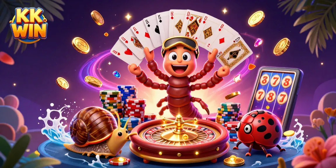 Join the thrilling action at KK WIN with a vibrant 3D scene of a whimsical dealer and high-rollers.
