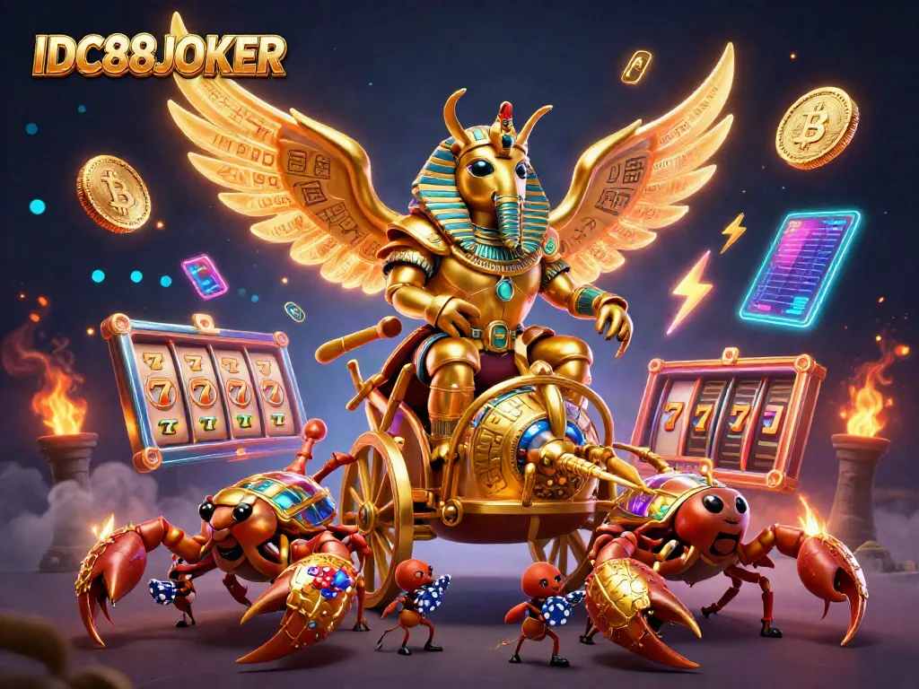 Experience the excitement of gaming with IDC88JOKER, featuring a dramatic scene of a golden scarab and scorpions.