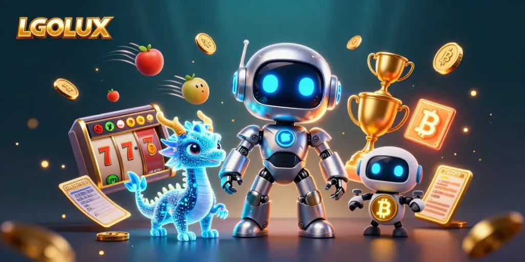 Experience winning jackpots with LGOLUX, featuring a cyberpunk robot in an engaging casino scene.