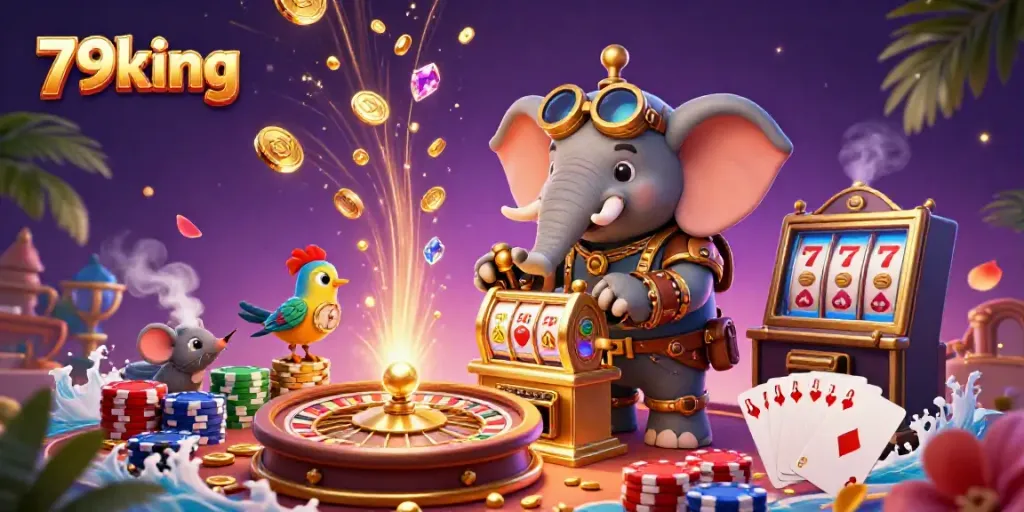 Experience winning thrills with 79king's vibrant steampunk-themed casino action scene rich in golden coins and excitement.