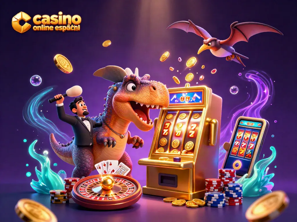 Casino online español, pachycephalosaurus golpeando una máquina tragamonedas dorada, monedas volando.