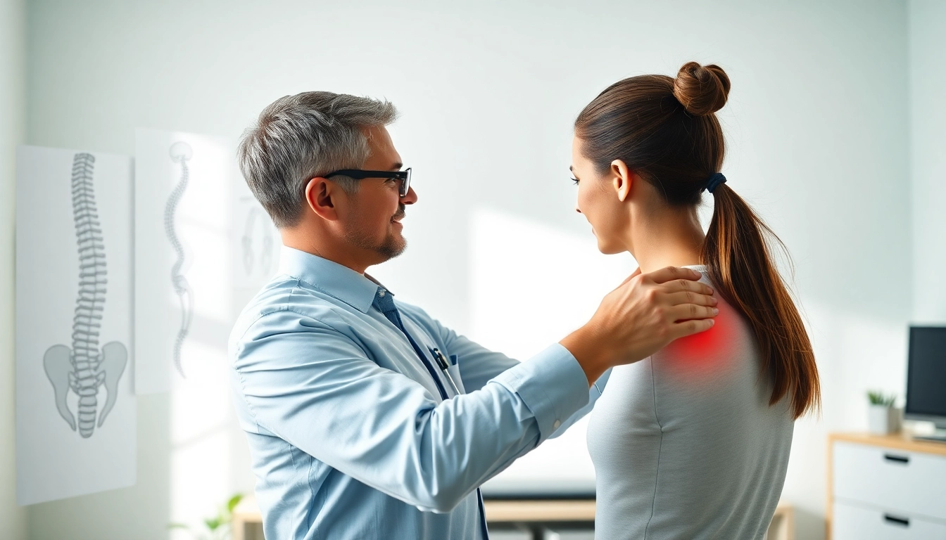 Therapist assists with back pain relief techniques in a bright clinic.