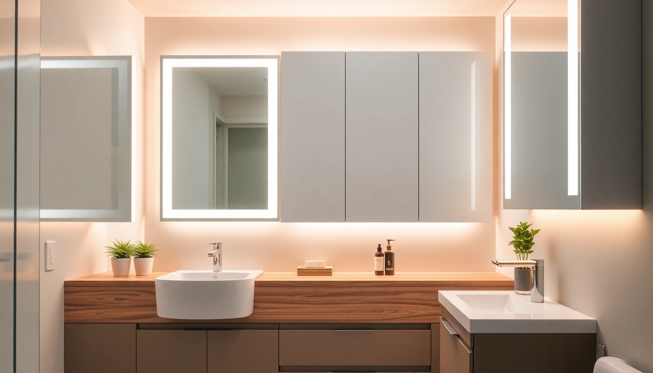 Showcase illuminated bathroom cabinets reflecting modern design and ambient lighting.