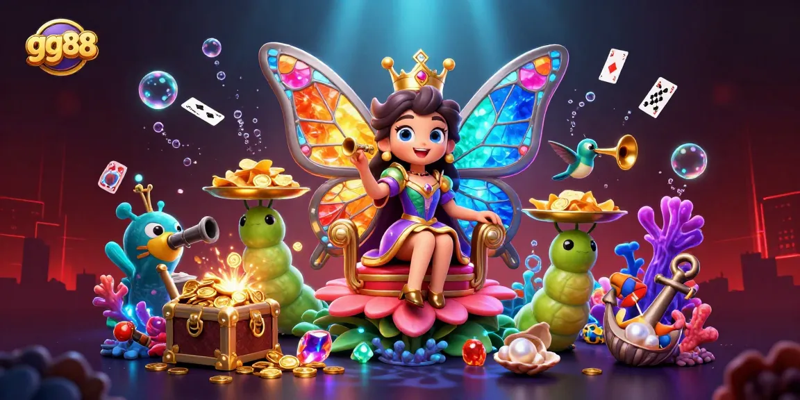 Engage with gg88 in a vibrant 3D illustration of a butterfly queen presiding over a treasure-filled scene.