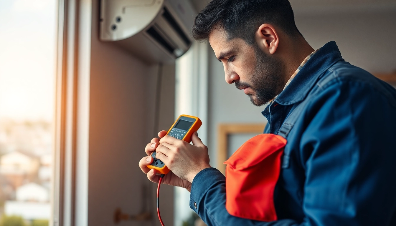 AC Repair Tampa technician diagnosing an air conditioning unit with expertise in a bright home setting.