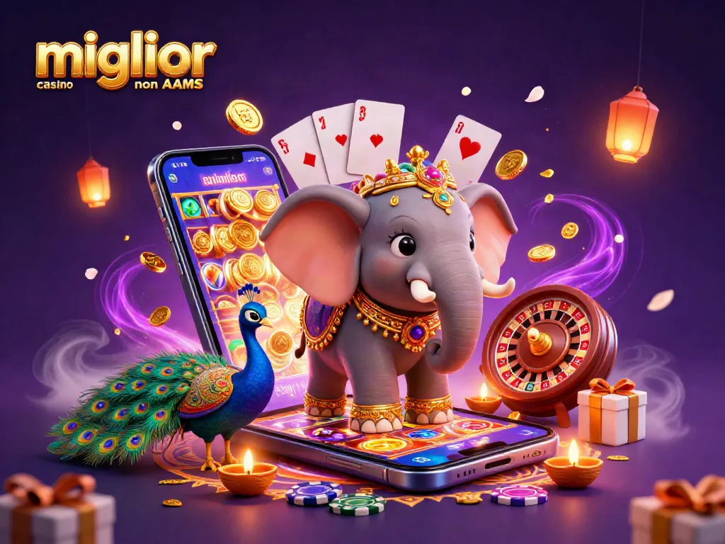 Migliori casino non AAMS: Scopri un'illustrazione vibrante di un elefante in un casinò coi giochi d'azzardo.