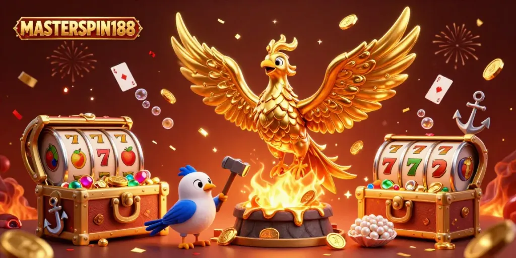Experience the thrilling gameplay of MASTERSPIN188 with golden phoenix and slot reels amidst a dynamic casino scene.