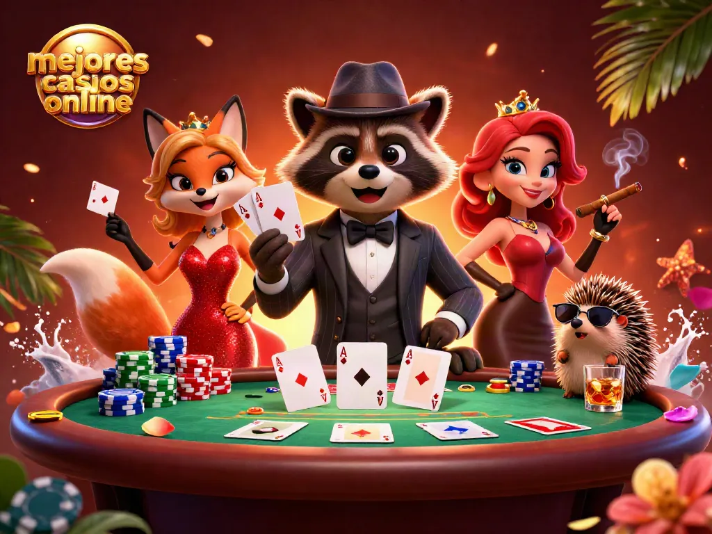 Una escena vibrante que muestra los mejores casinos online, con personajes de juego y elementos de casino.