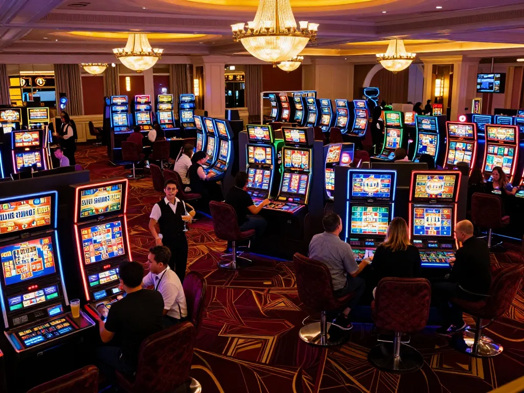 Players celebrating a jackpot win at CM88 casino, lively slot machines illuminating the vibrant floor
