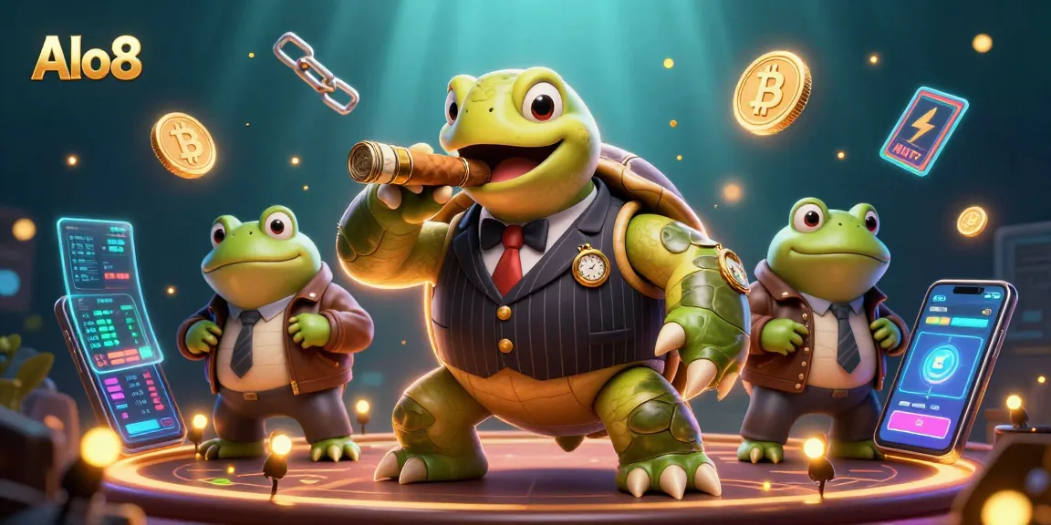 Alo8's casino scene with a mobster turtle and bullfrog enforcers surrounded by crypto elements, showcasing thrilling gaming.