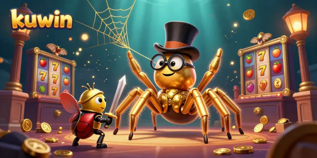 Kuwin features a bold 3D golden tarantula at a casino, weaving golden webs of excitement.