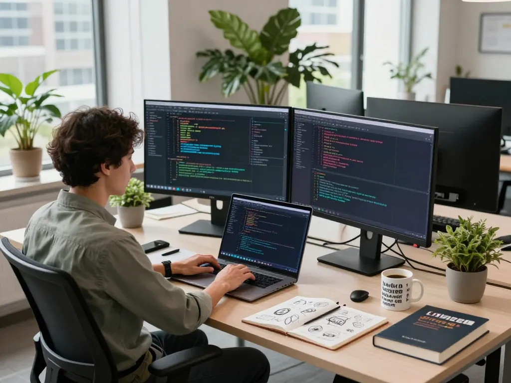 Developer coding efficiently in a modern workspace with谷歌浏览器 displayed on dual monitors, showcasing productivity and tech innovation.
