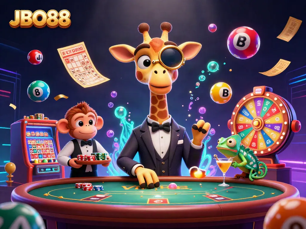 Experience the excitement of JBO88 with a vibrant casino scene featuring dynamic characters and game elements.