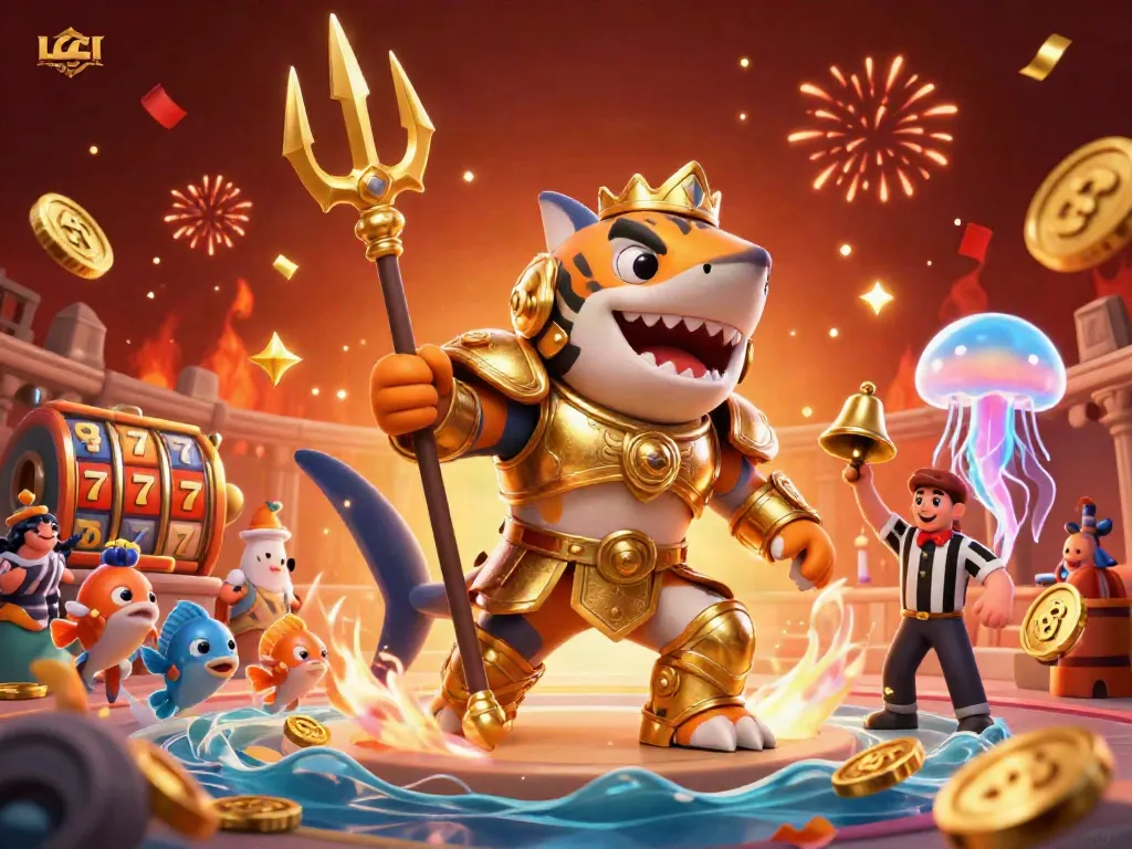 Join the excitement with LGOGOAL in a vibrant 3D underwater casino where a tiger shark wields a trident and fish cheer!