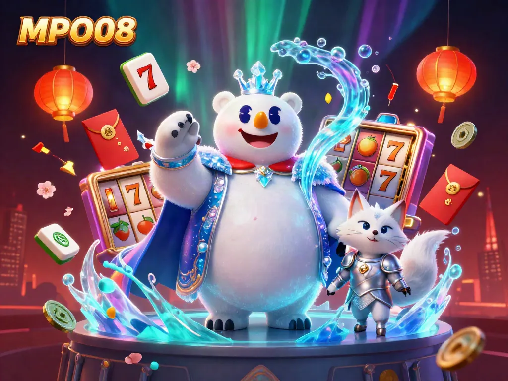 Engage with MPO08 through this vivid illustration featuring a polar bear king and a snow fox amidst vibrant slot elements.