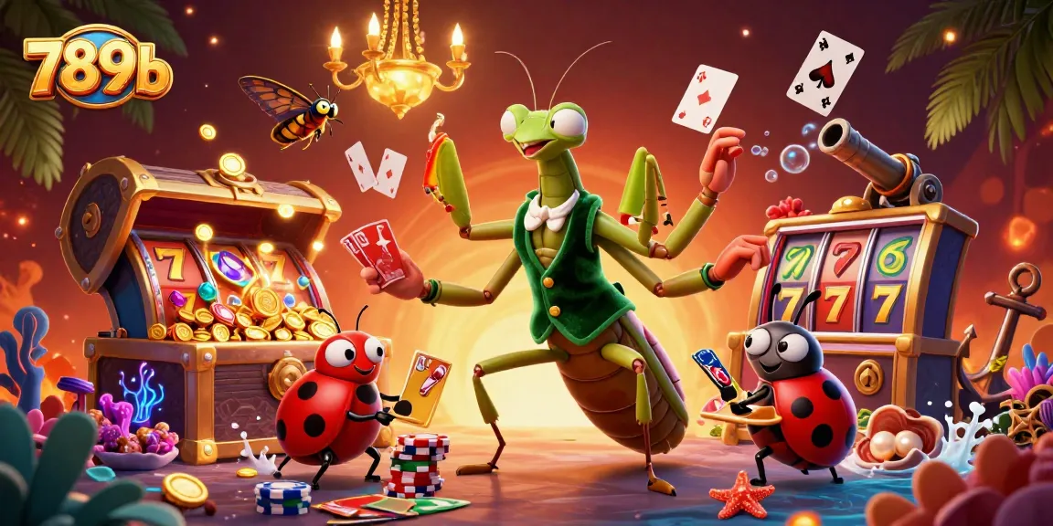 Join the lively 789b casino scene with a praying mantis card sharp and ladybug pit boss amidst vibrant gaming elements.