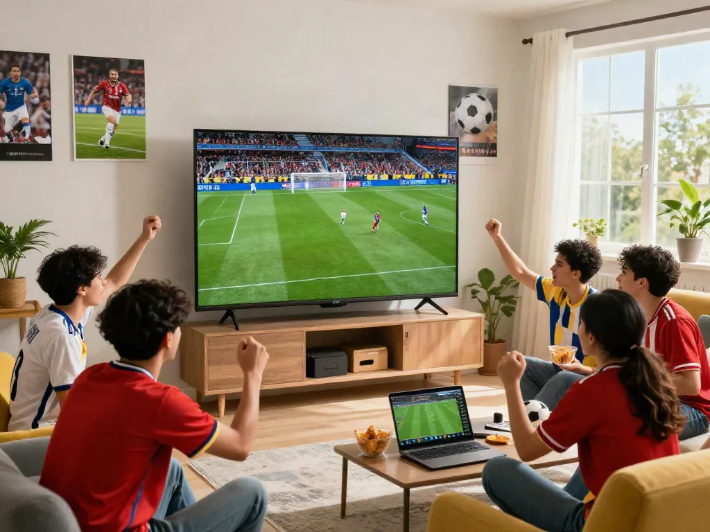 Football fan enjoying live match at home, celebrating with friends and snacks while watching https://socolivekz.uk.