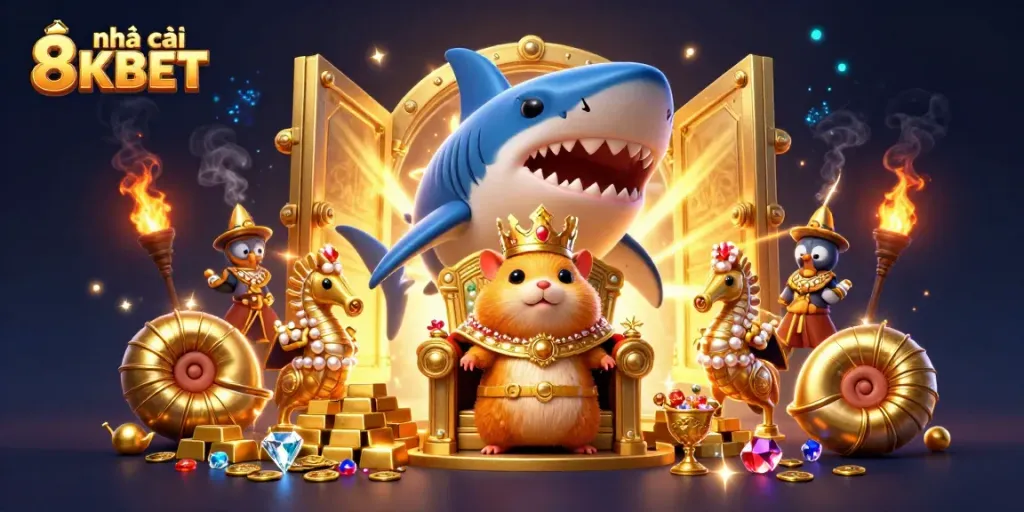 Win at nhà cái 8KBET with the golden hamster king and treasures in an exciting casino scene.