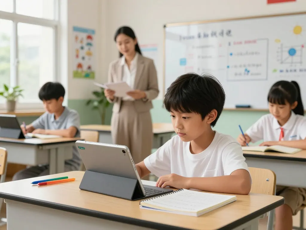 一名学生在明亮的教室中使用有道词典，展示现代学习工具和材料。