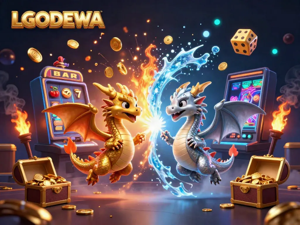 Engage with LGODEWA's premium gaming ecosystem showcasing vibrant dragons, jackpot slots, and enchanting casino elements.