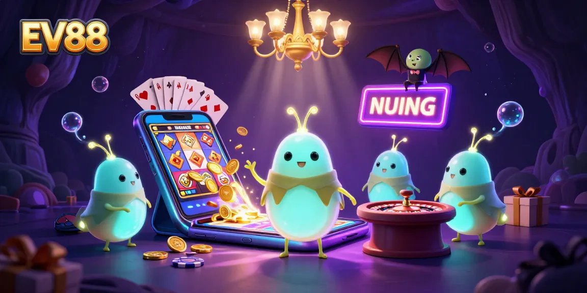 Experience the vibrant casino atmosphere at EV88 with glowing characters and exciting slot games.