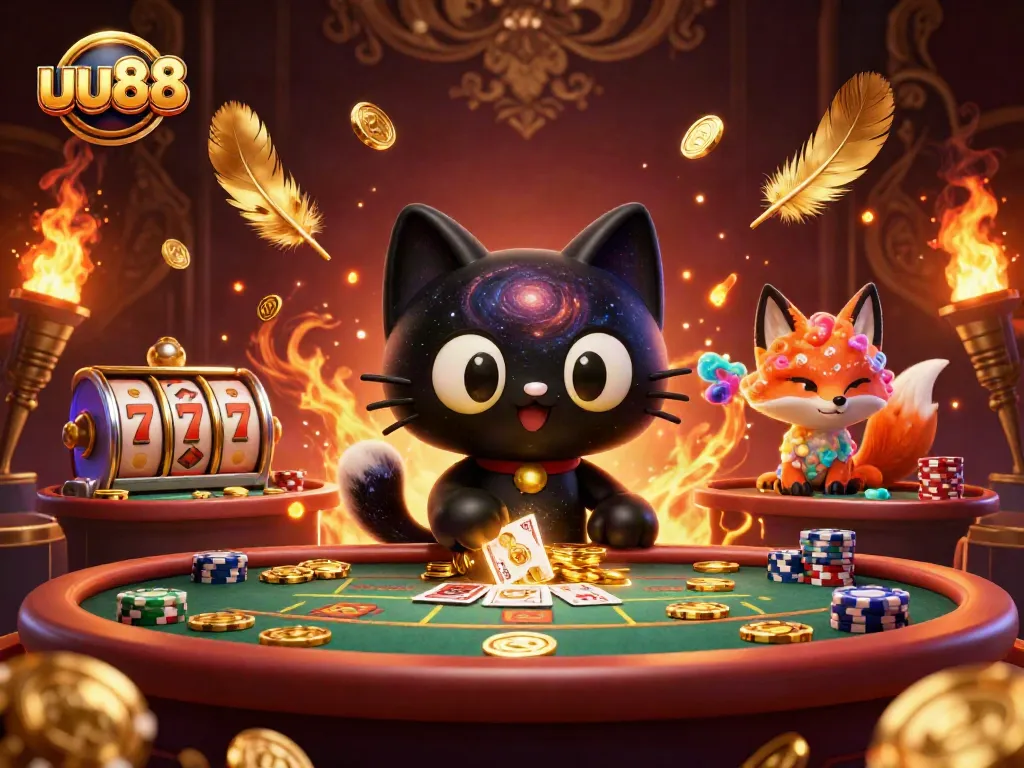 Join the excitement of uu88 with a vibrant cosmic casino illustration featuring engaging characters and dynamic elements.