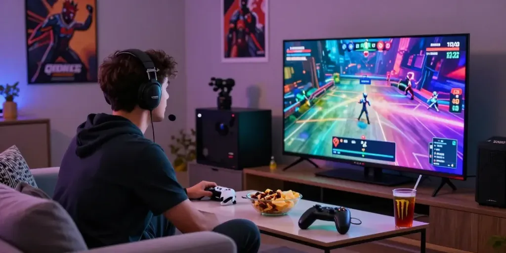 Engaged gamer enjoying a ku88 esports match in a lively living room.